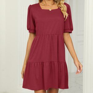 Solid color square neck short sleeve loose patchwork knit dress